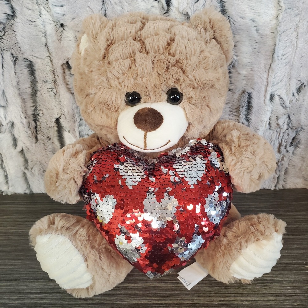 Teddy Bear Plush Holding Red Silver Reversible Sequins Heart 10" Stuffed Animal